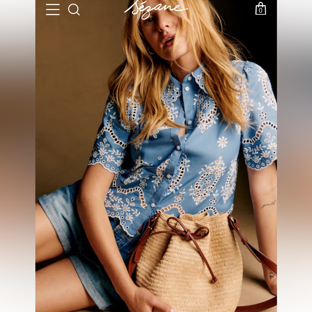 🌼Sezane ELVIRA BLOUSE in CREAM Blue CHAMBRAY Embroidered Button-Up Blouse - Picture 1 of 11